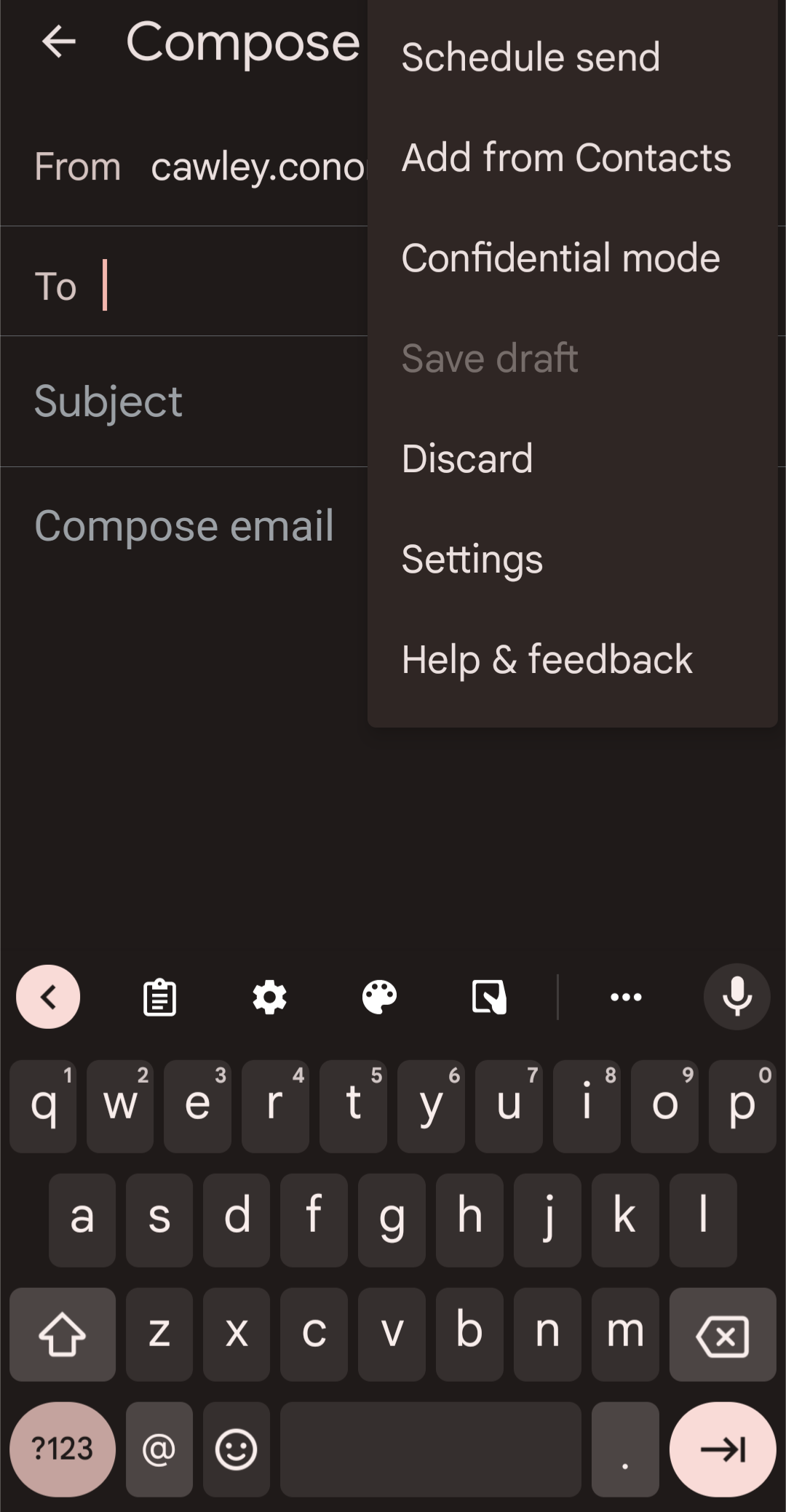 Uma captura de tela móvel do menu de configurações aberto em um e-mail do Gmail.