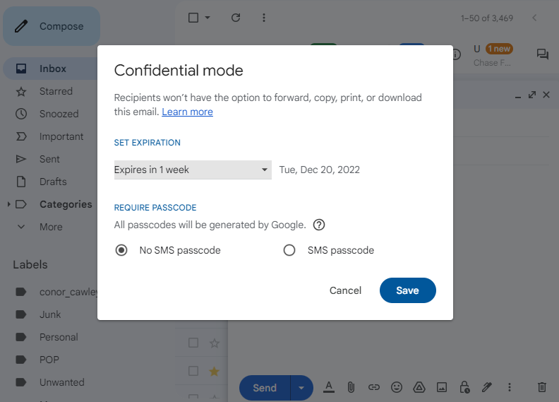 A screenshot of the confidential mode menu in Gmail