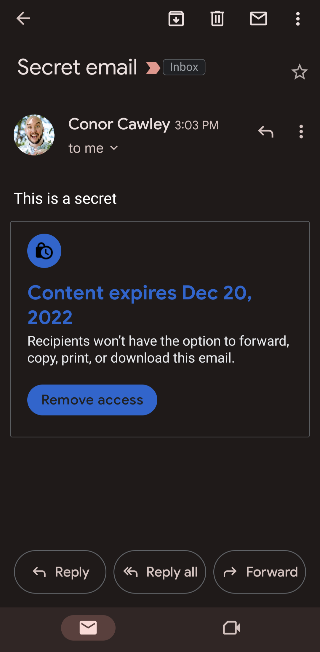 A mobile screenshot of an email sent in confidential mode.