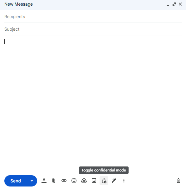 Uma captura de tela de um e-mail no Gmail ao passar o mouse sobre o botão do modo confidencial.