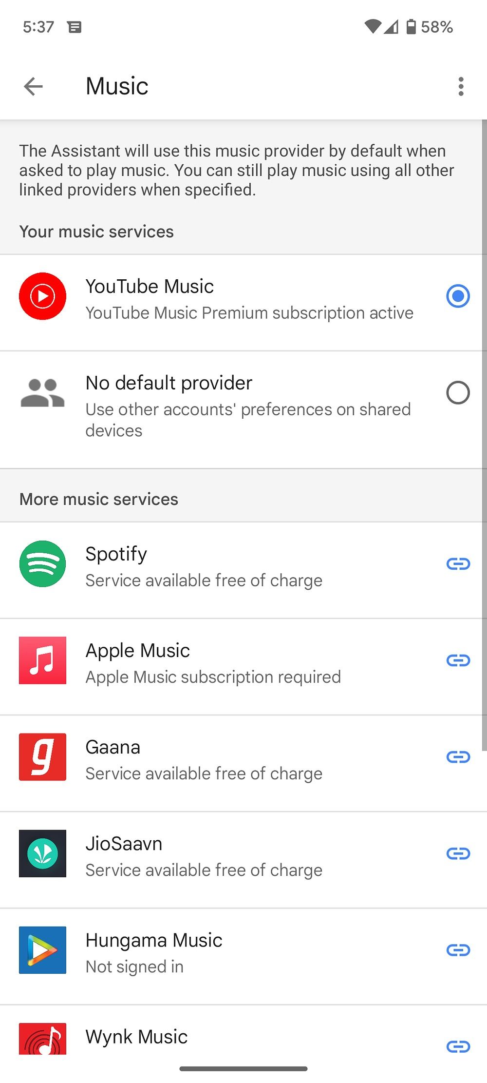 Screenshot of the available music apps in Google assistant settings