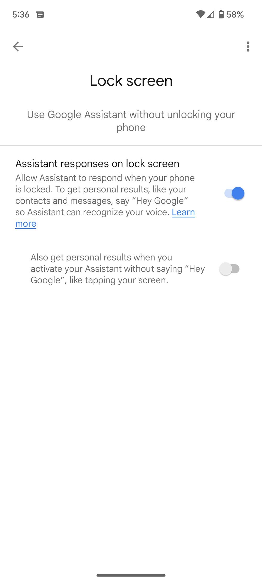 Screenshot of the enabled lock screen option in Google assistant menu