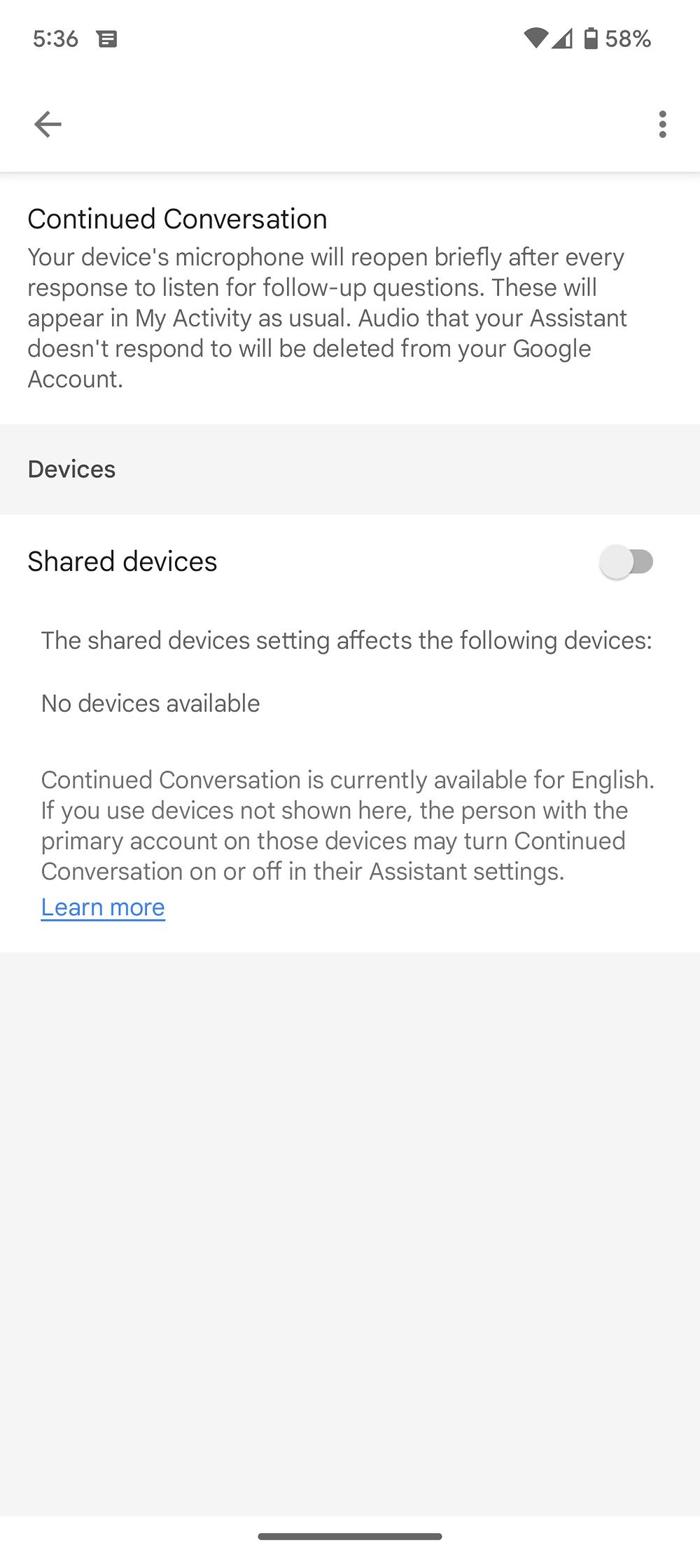 Screenshot of the continued conversation and shared devices option in Google assistant settings