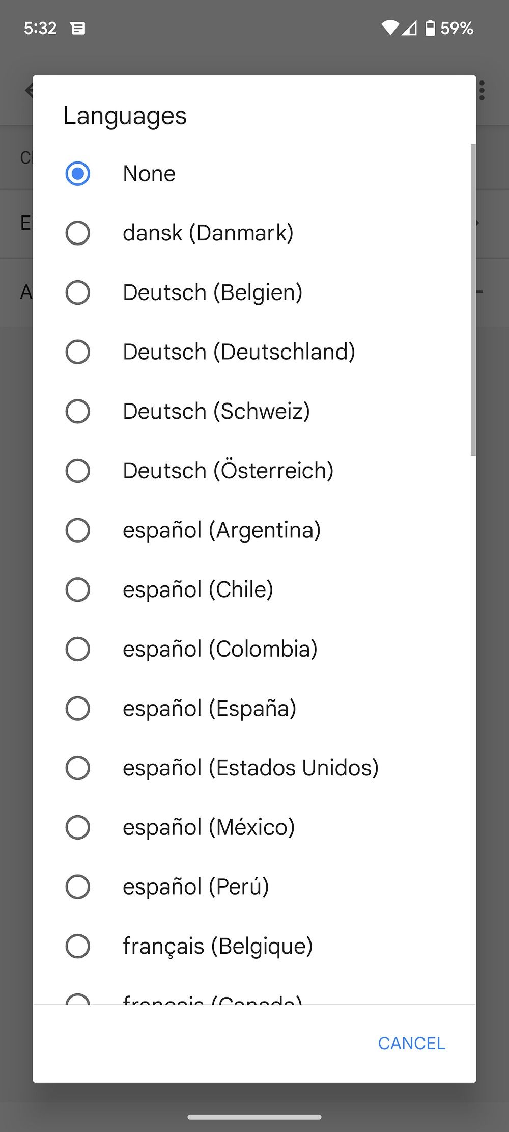 Screenshot of the language lists in Google assistant menu