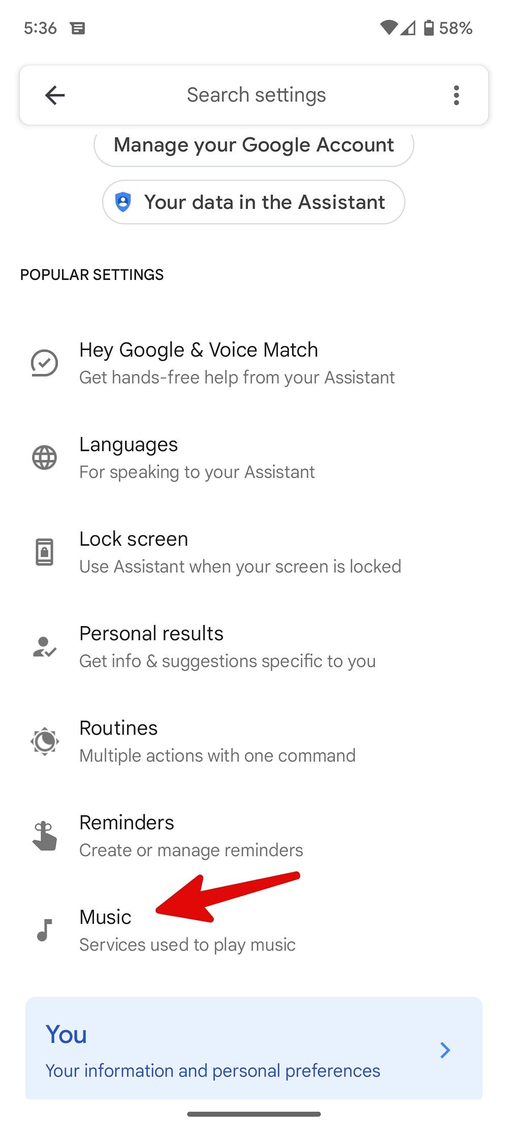 Screenshot of the music option in Google assistant settings