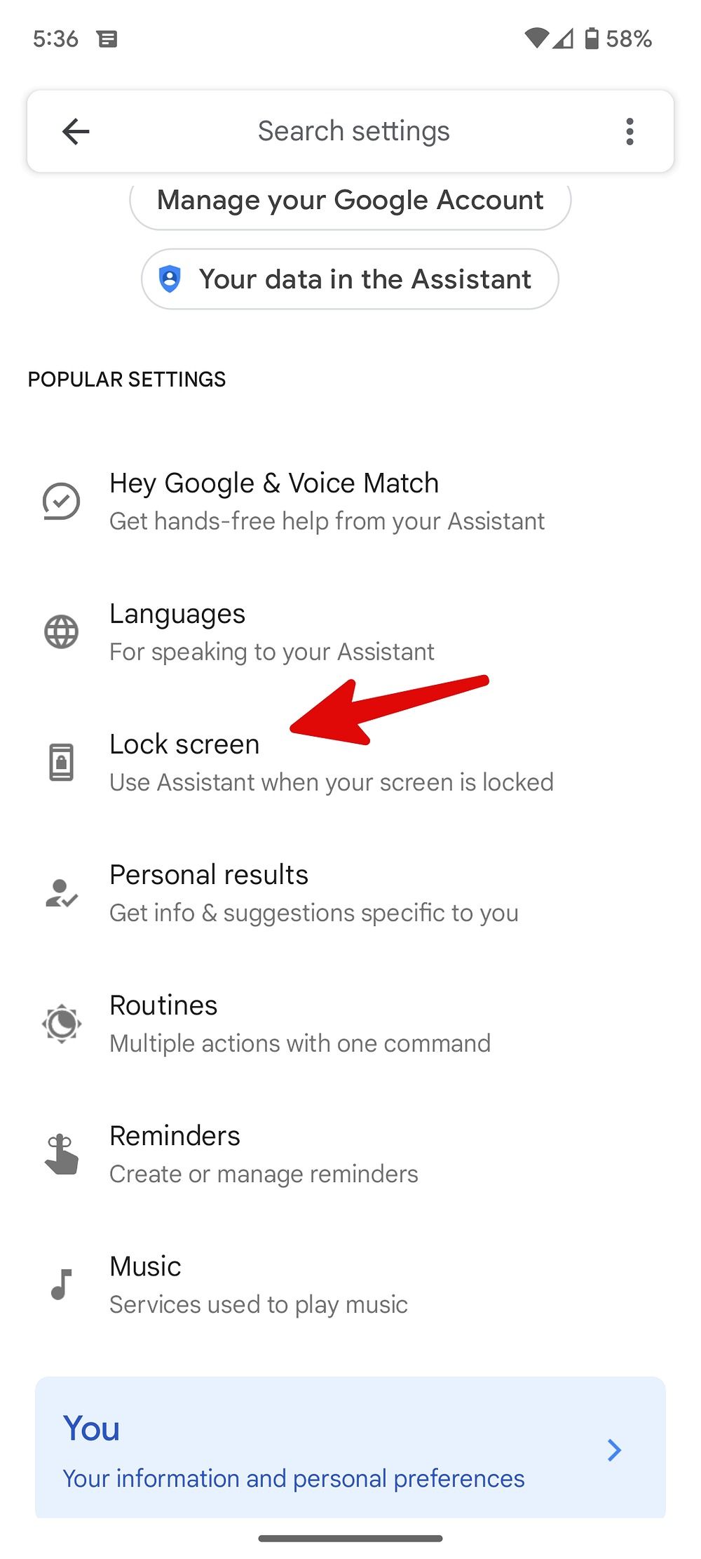 Screenshot of the lock screen option in Google account menu