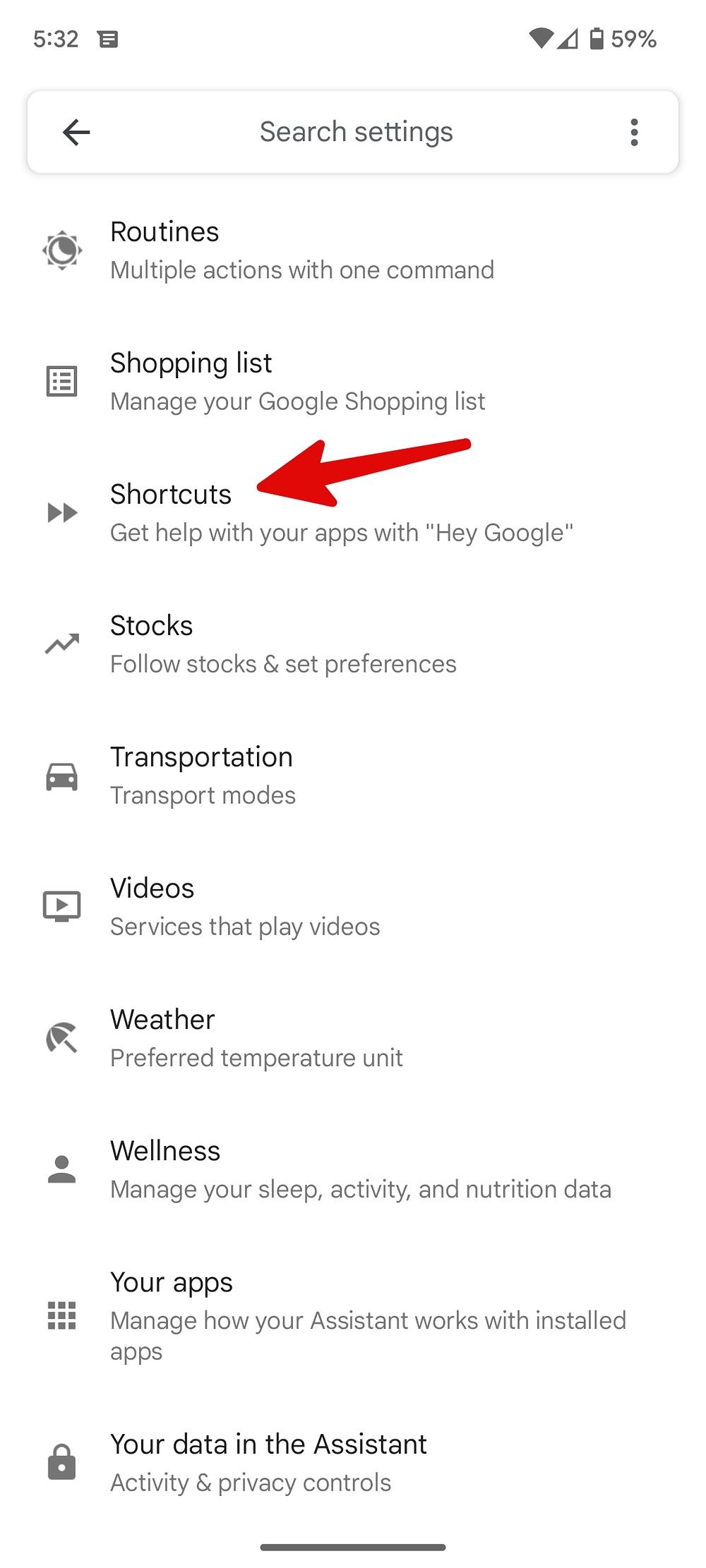 Screenshot of the shortcuts option in Google assistant menu