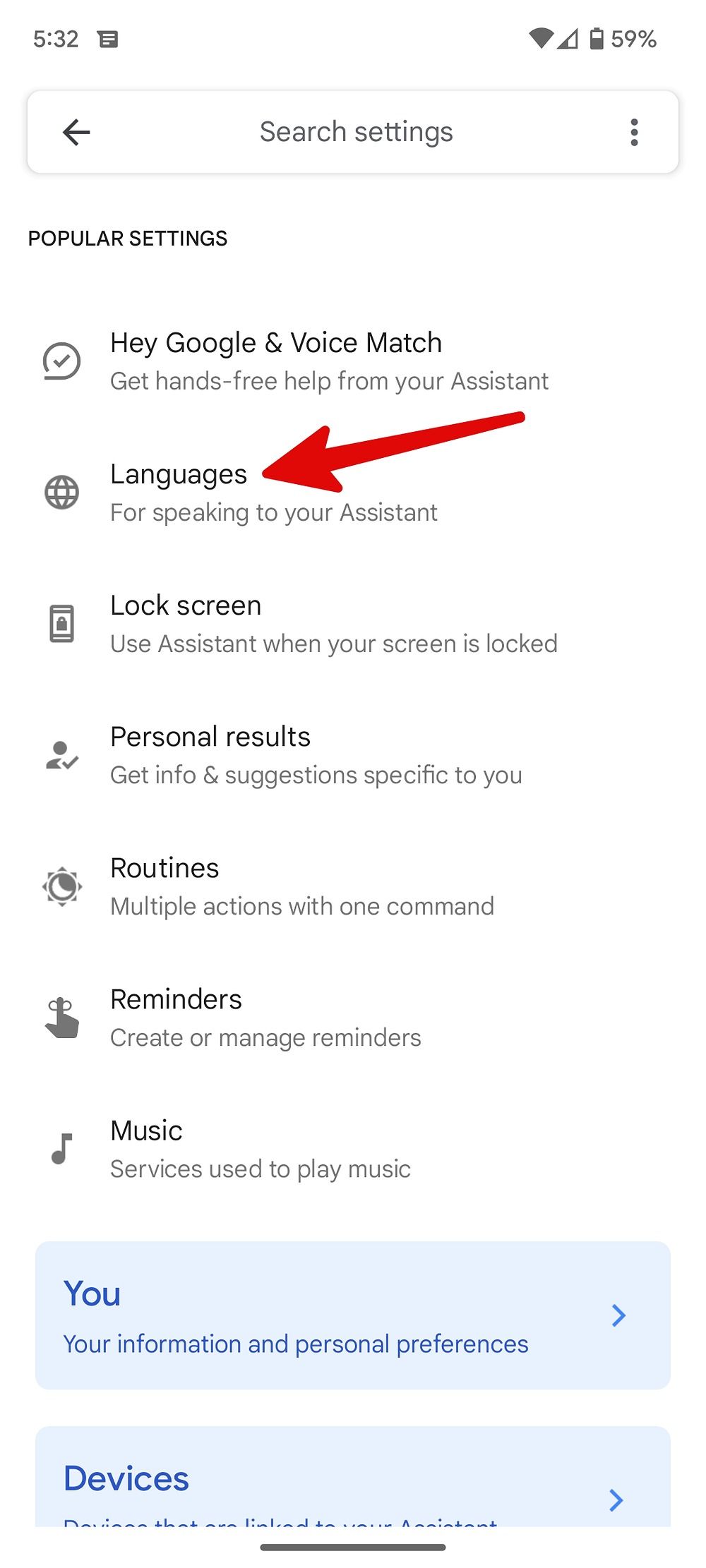 Screenshot of the languages option in Google assistant menu