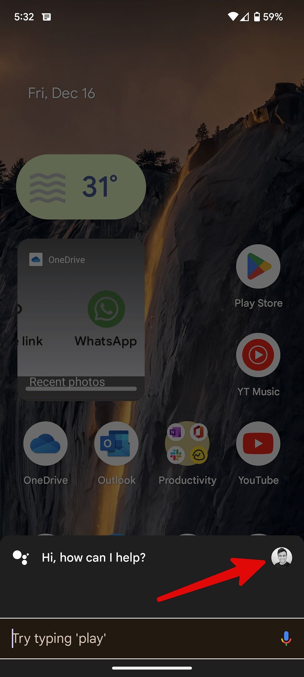 Screenshot of the profile icon in Google assistant menu