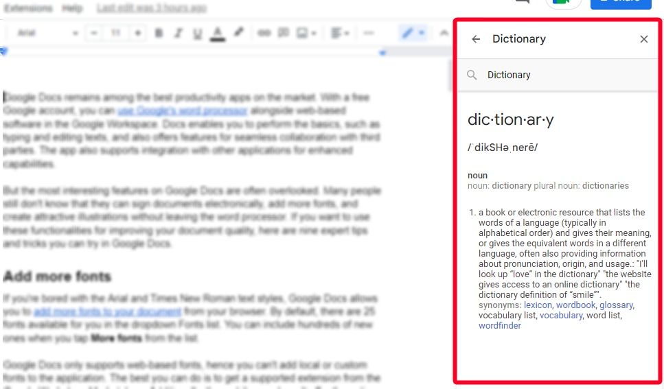 Google Docs dictionary