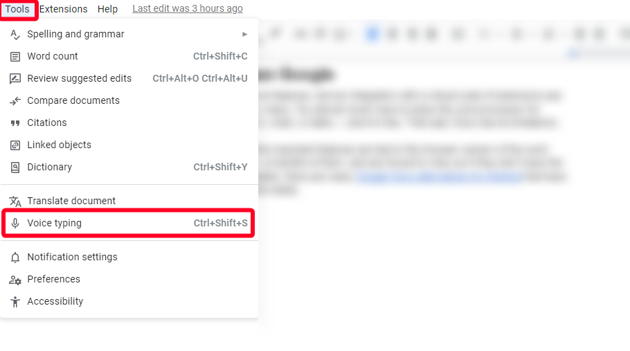 Google Docs voice typing option