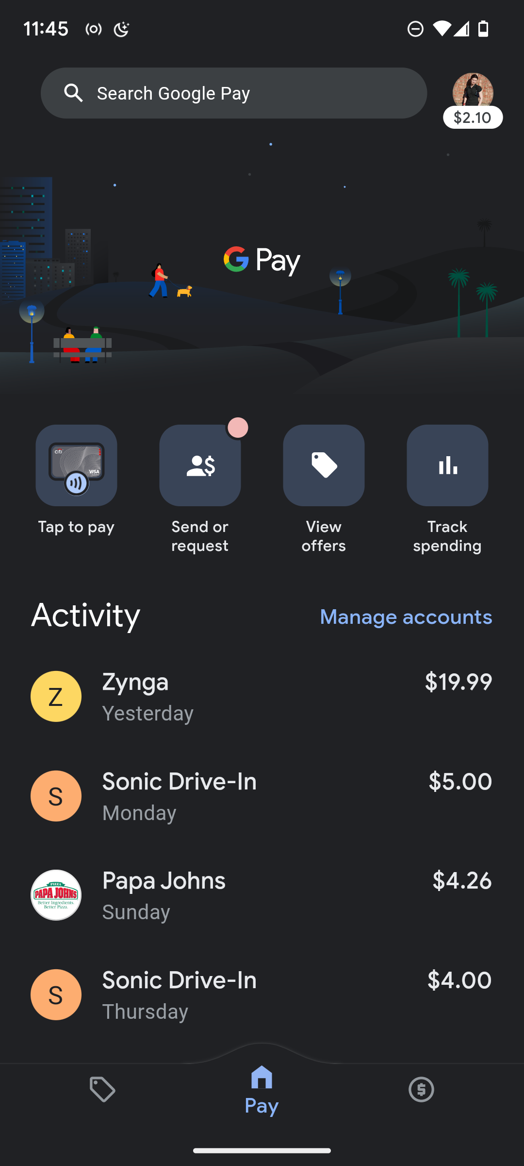Schermata della home page dell'app Google Pay.