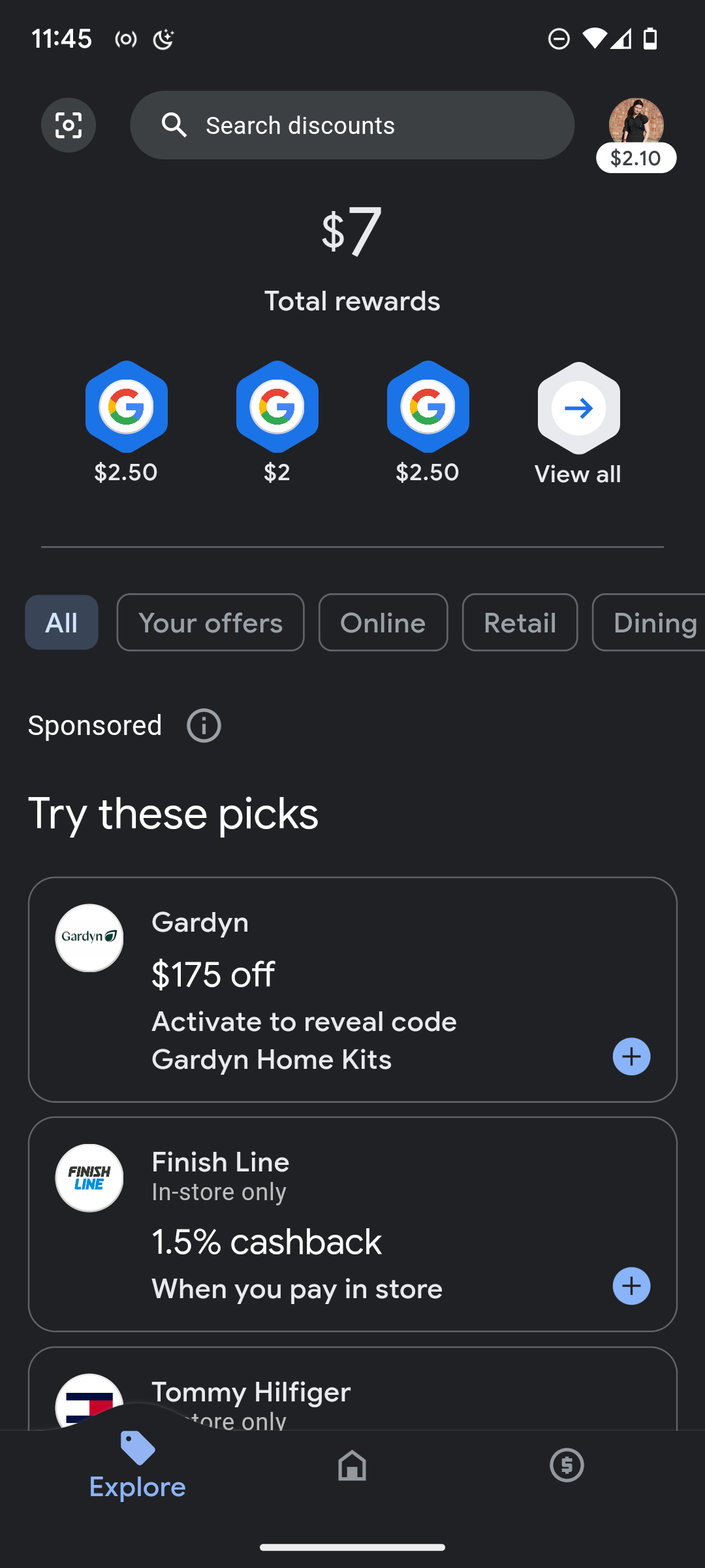 Screenshot of Google pay app rewards page.
