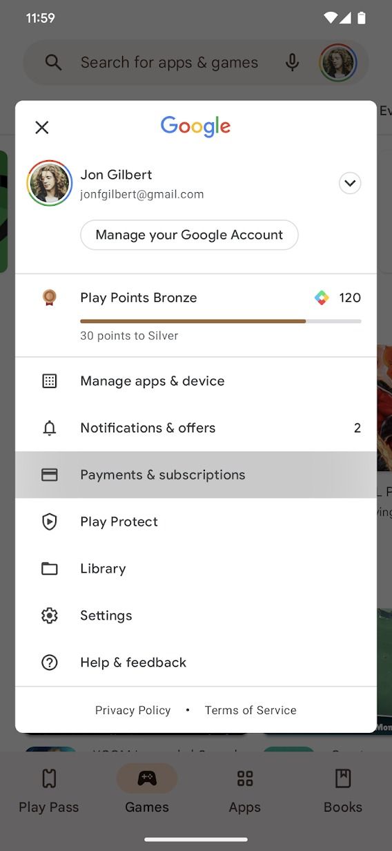 google play account window