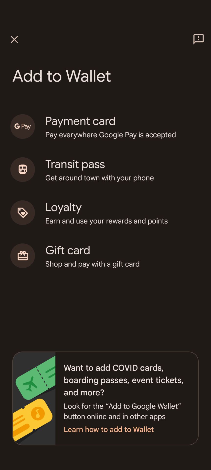 The add to Wallet screen in the Google Wallet app