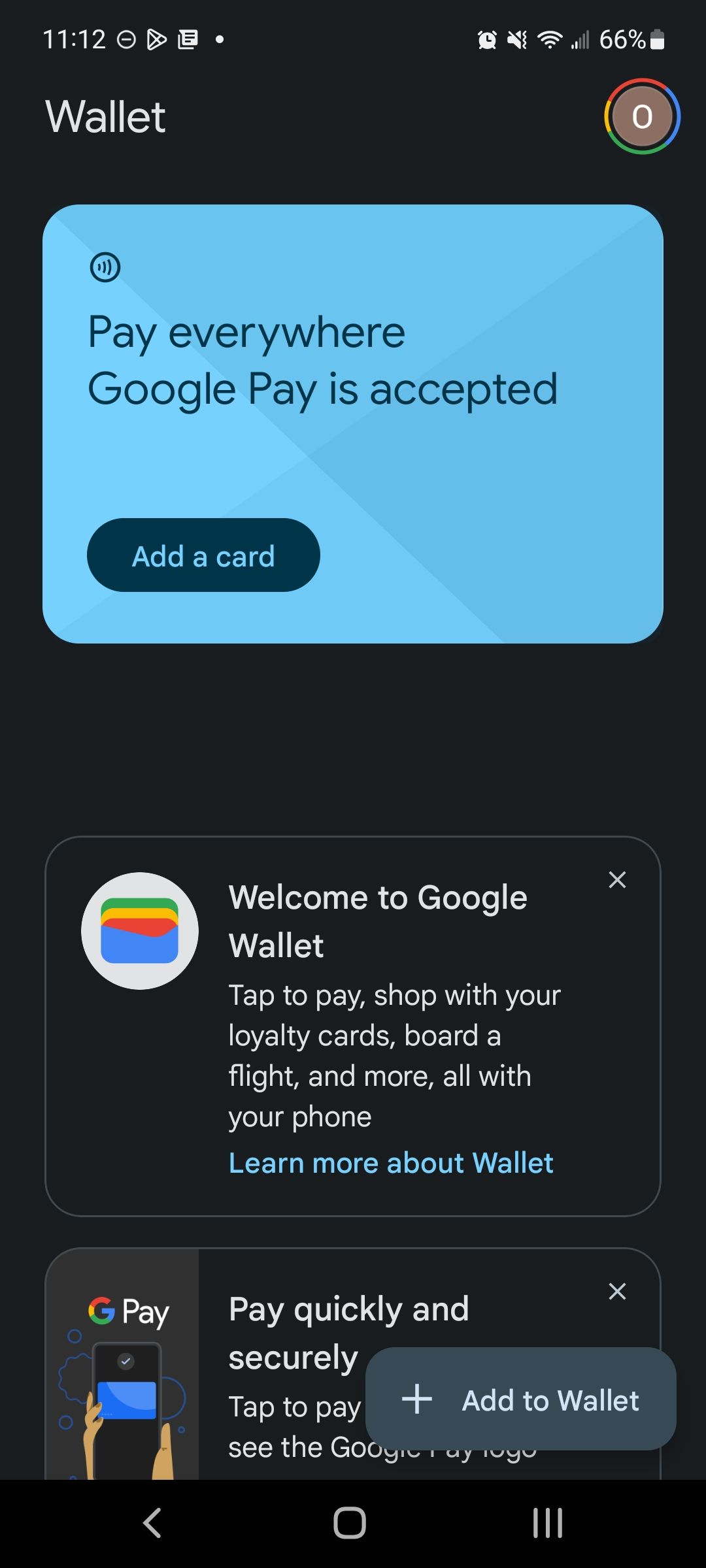 A tela inicial da Carteira virtual do Google antes de adicionar qualquer cartão