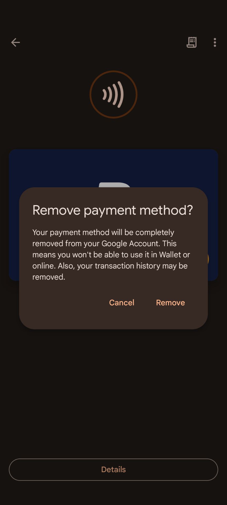O pop-up remover método de pagamento no aplicativo Google Wallet