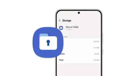 The Secure Folder icon overlaid over a Samsung phone in the storage settings