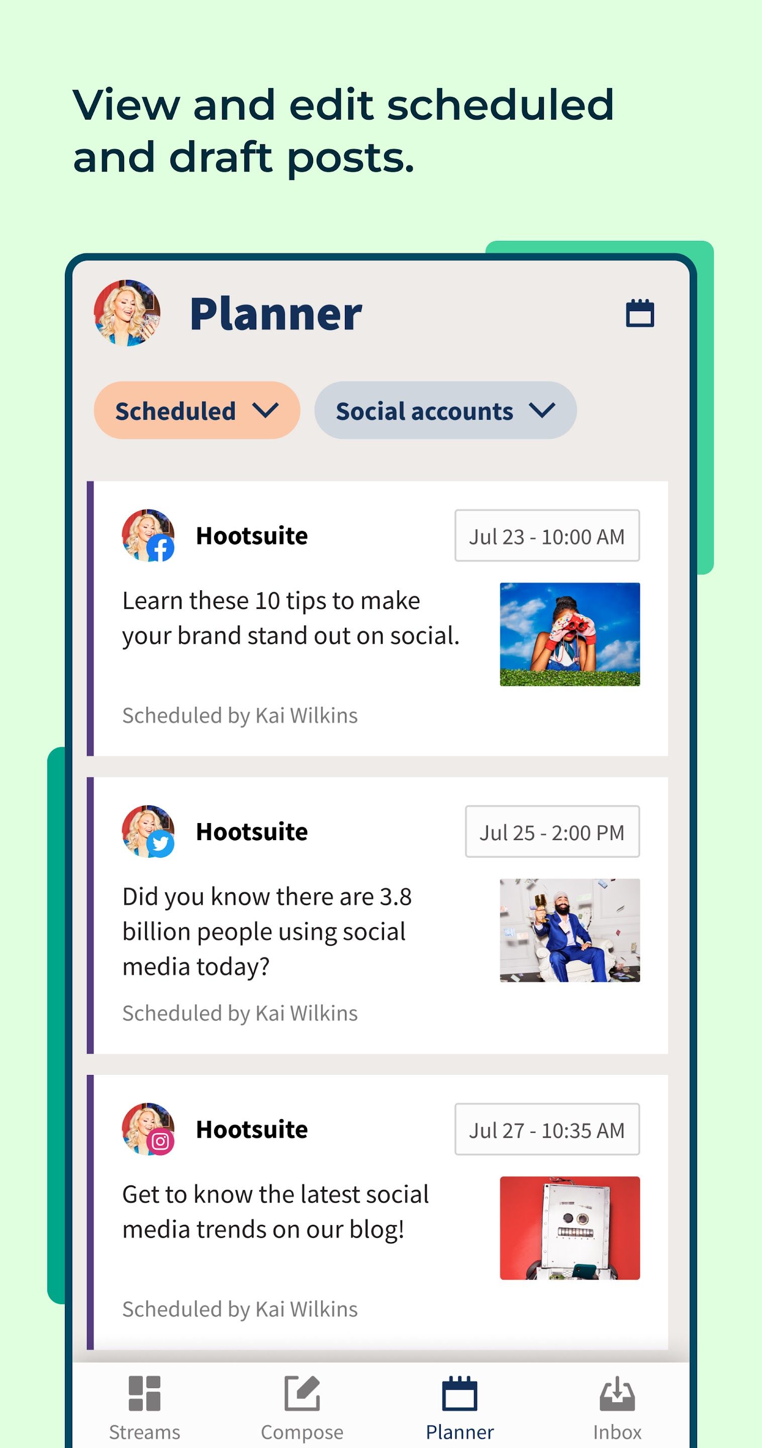 An app store listing screenshot for the Hootsuite Twitter app showing the option to schedule and draft posts