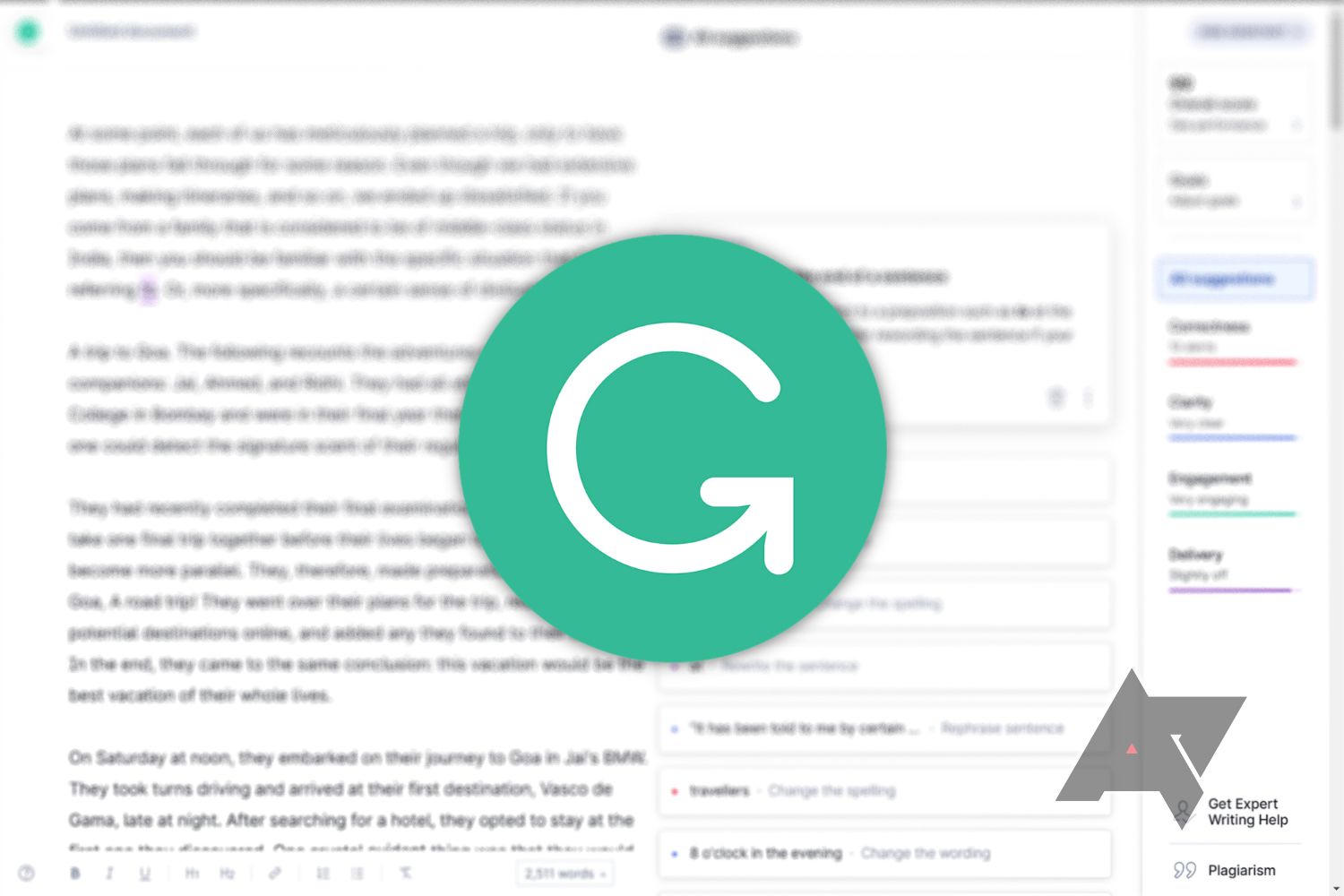 An illustration with the Grammarly logo in the foreground and a document blurred in the background.