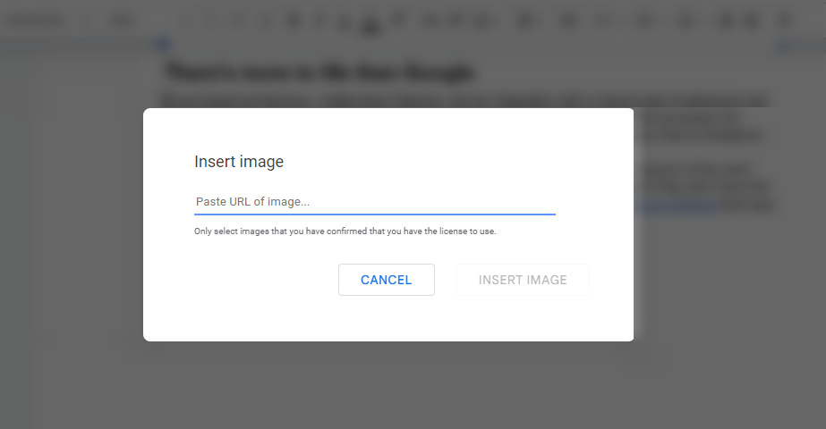 Insert image URL window in Google Docs web app
