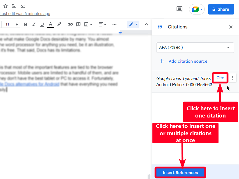 Insert References button in Google Docs