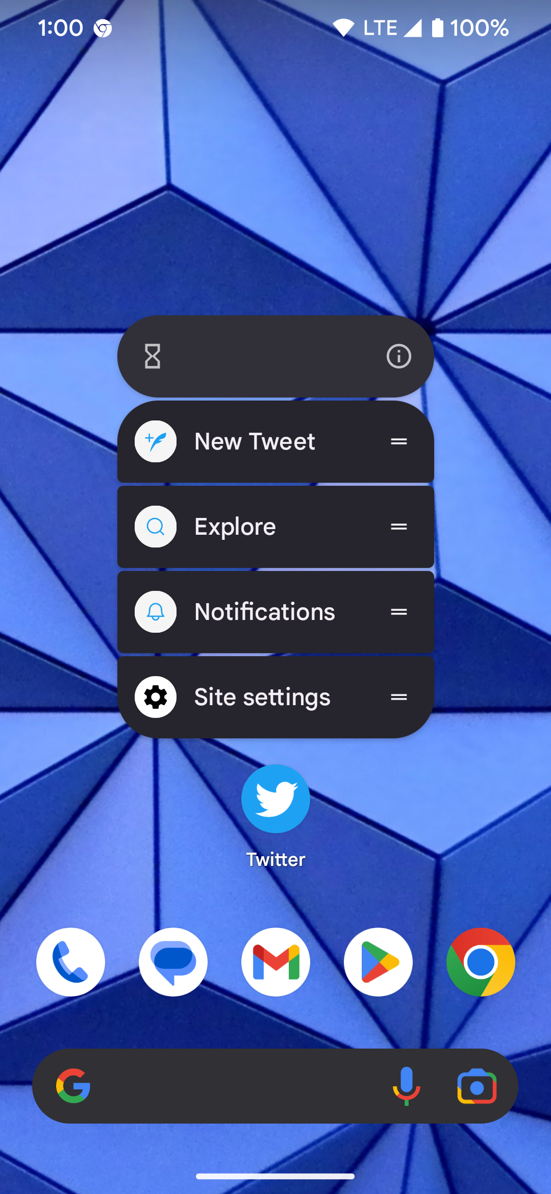 An example of the long-press icon options on the home screen for the Twitter web app