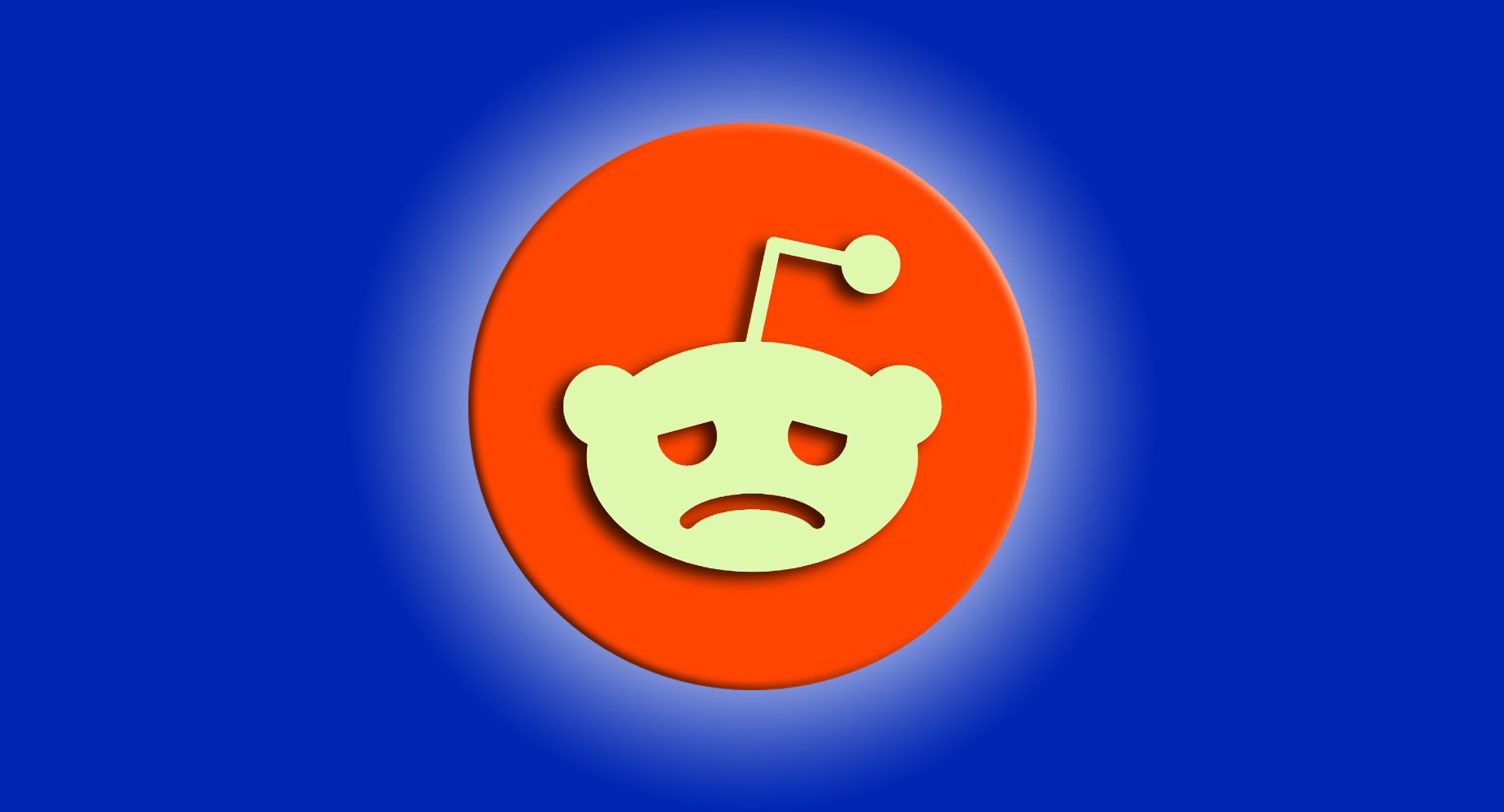 A blue background with the Reddit logo, which features a white alien head. However, in this version, the alien's face is shown with a sad expression, with its eyes semi-closed and mouth turned down.