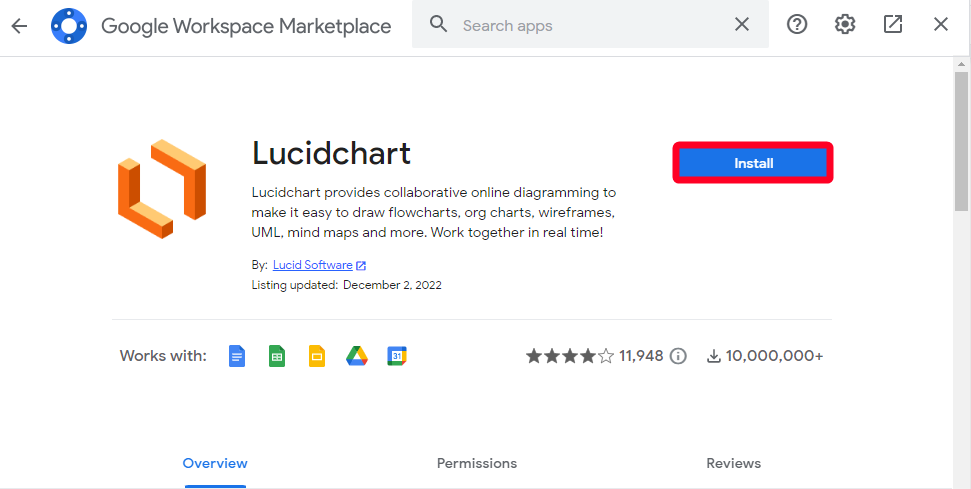 Lucidchart Add-on install page in Google Workspace Marketplace