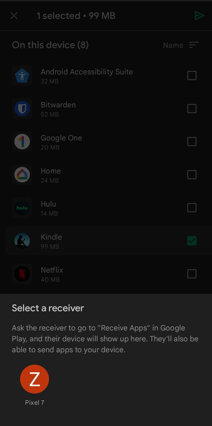 Select a receiver for an item through Nearby Share