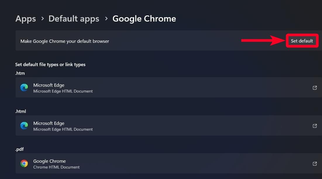 Opzione per impostare il browser Chrome come app predefinita in Windows 11