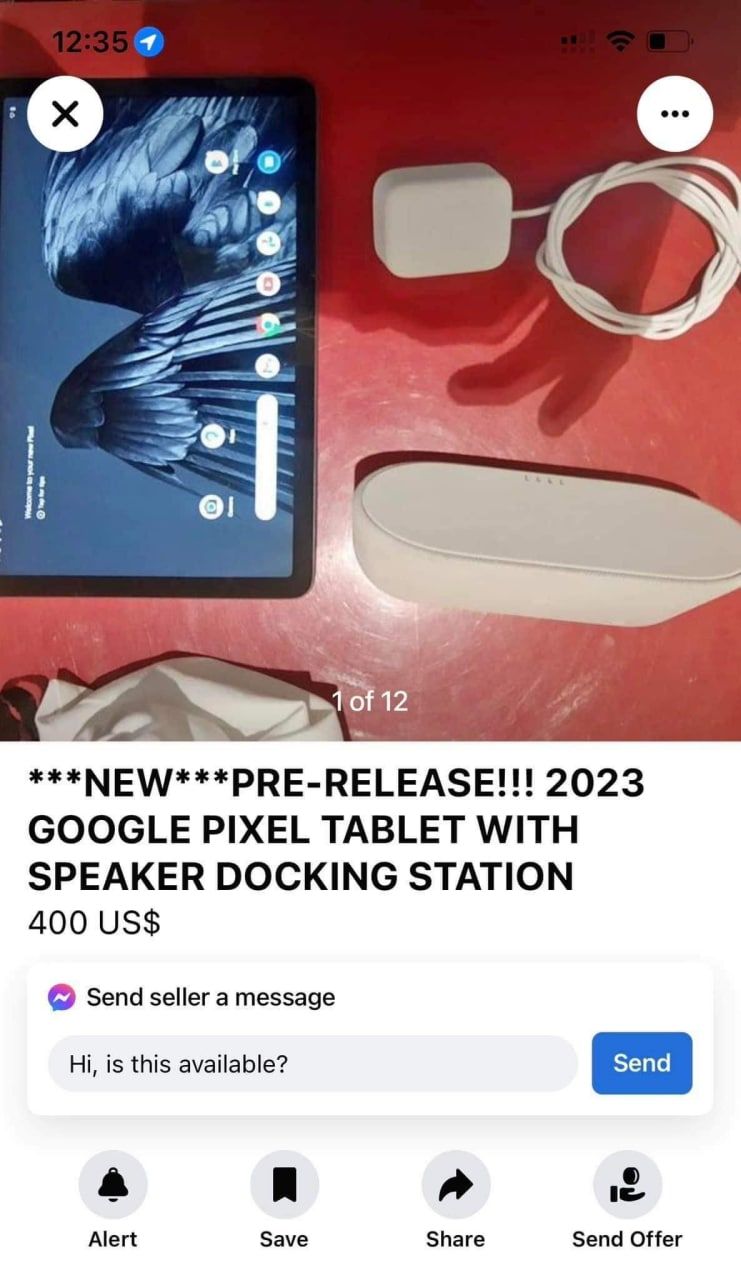 A screenshot of a reported Google Pixel Tablet for sale on Facebook Marketplace.