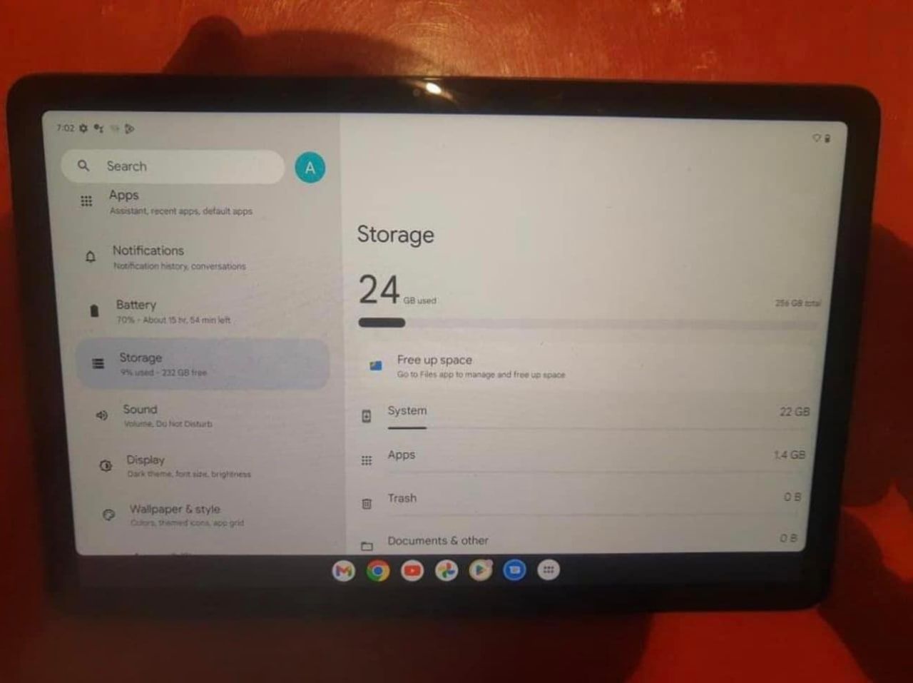 A leaked image that reportedly shows the Google Pixel Tablet with the display illuminated, showing its available storage. 