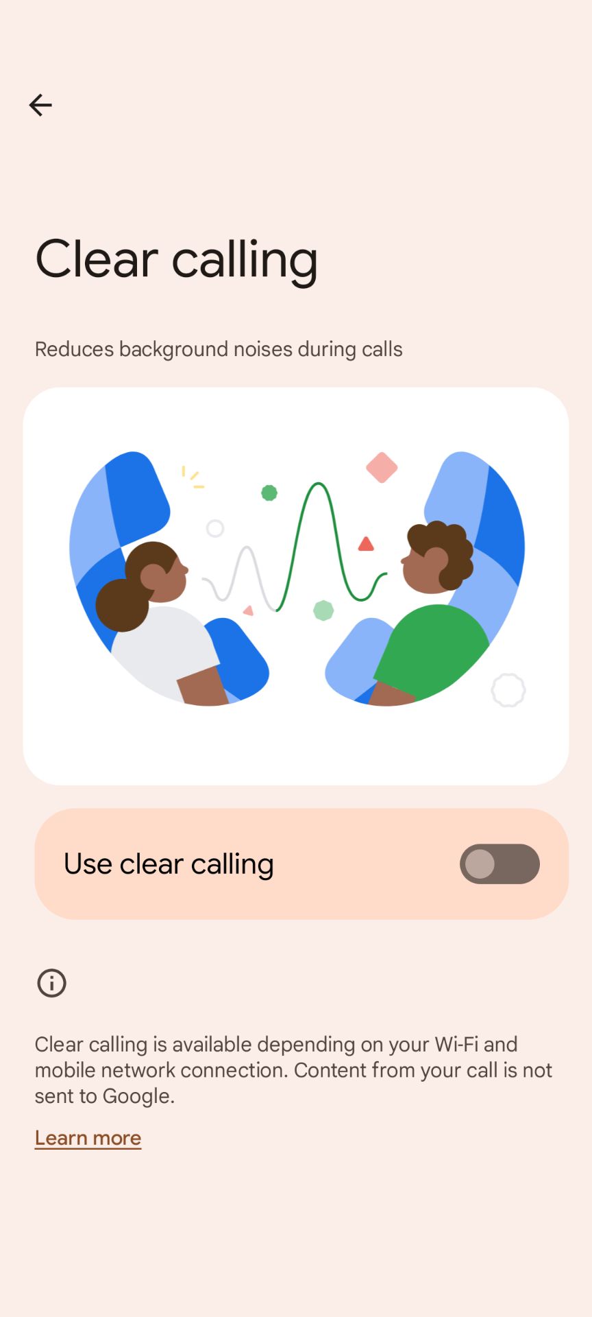 The clear calling toggle off in the Pixel Settings app