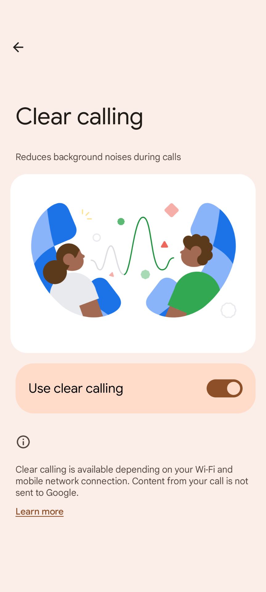 The Clear calling toggle flipped on in the Pixel Settings app