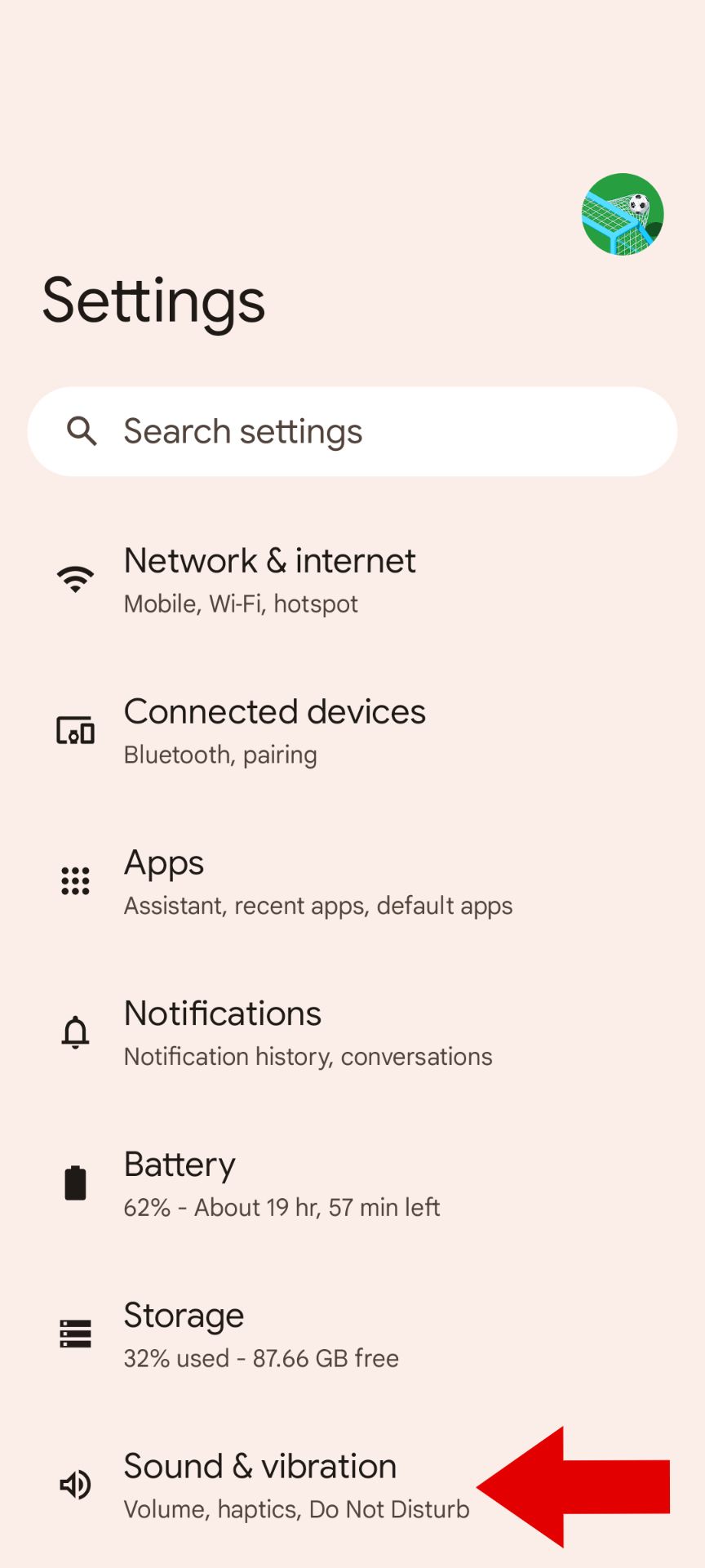 The Pixel phone Settings app with an arrow pointing to the Sound & vibration section
