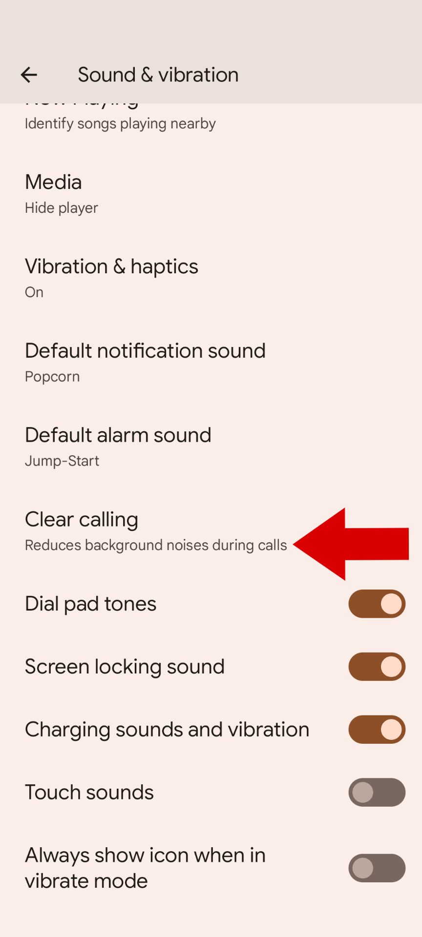 The Sound & vibration section in the Pixel Settings menu with a red arrow pointing to the Clear calling section