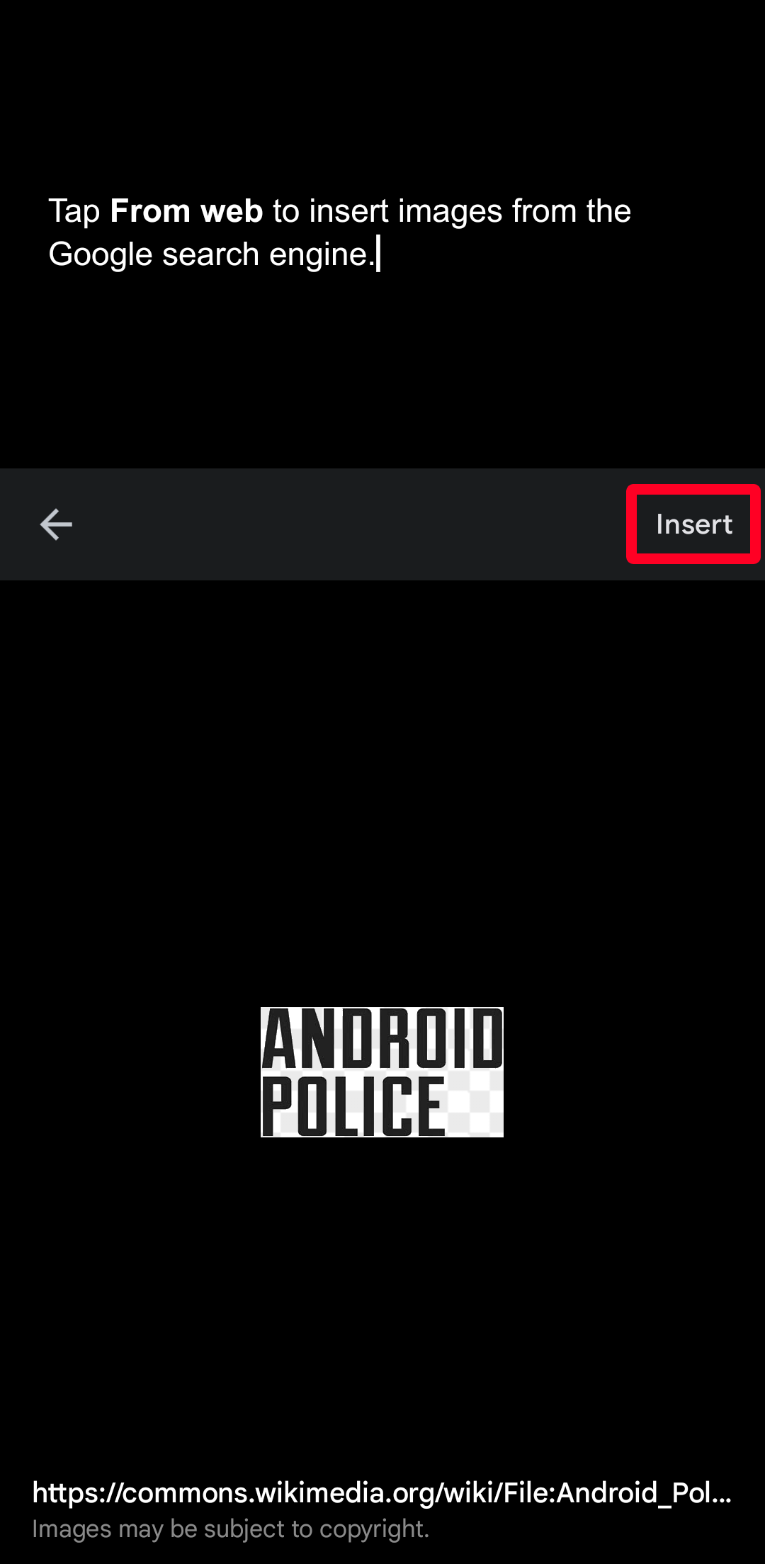 Preview of Android Police image search in Google Docs mobile app