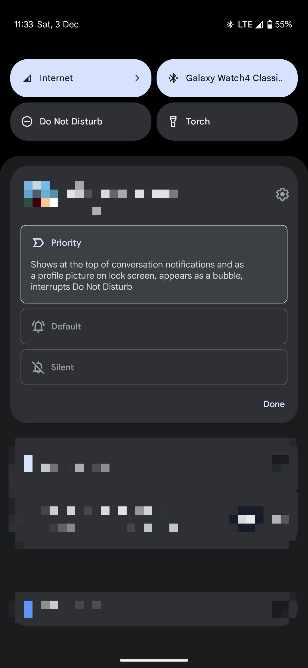 A screenshot of the Pixel priority notifications menu in dark mode.