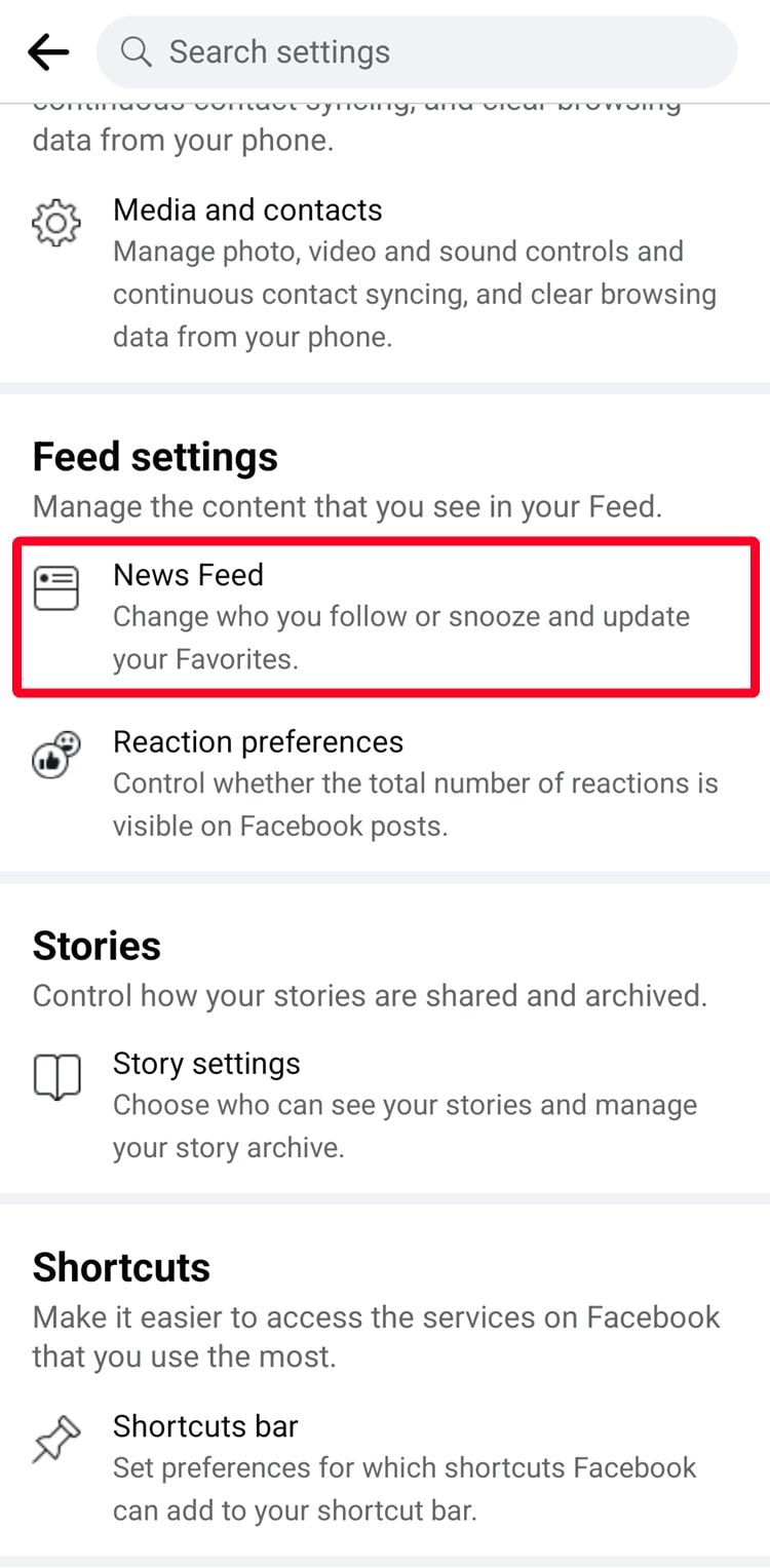 Profile settings menu on Facebook mobile app