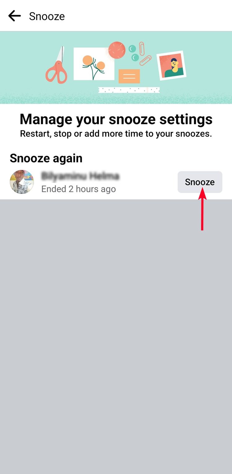 Restart snooze on Facebook mobile app