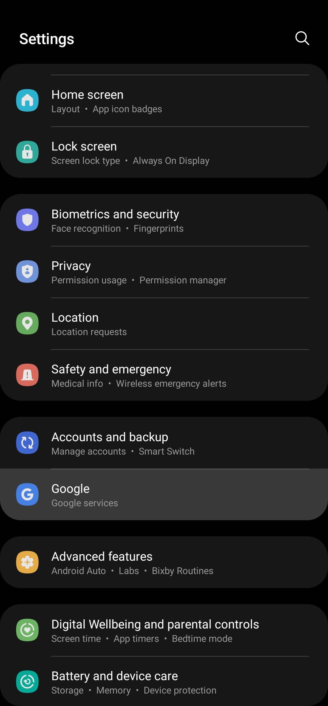 Select 'Google' from the Settings app