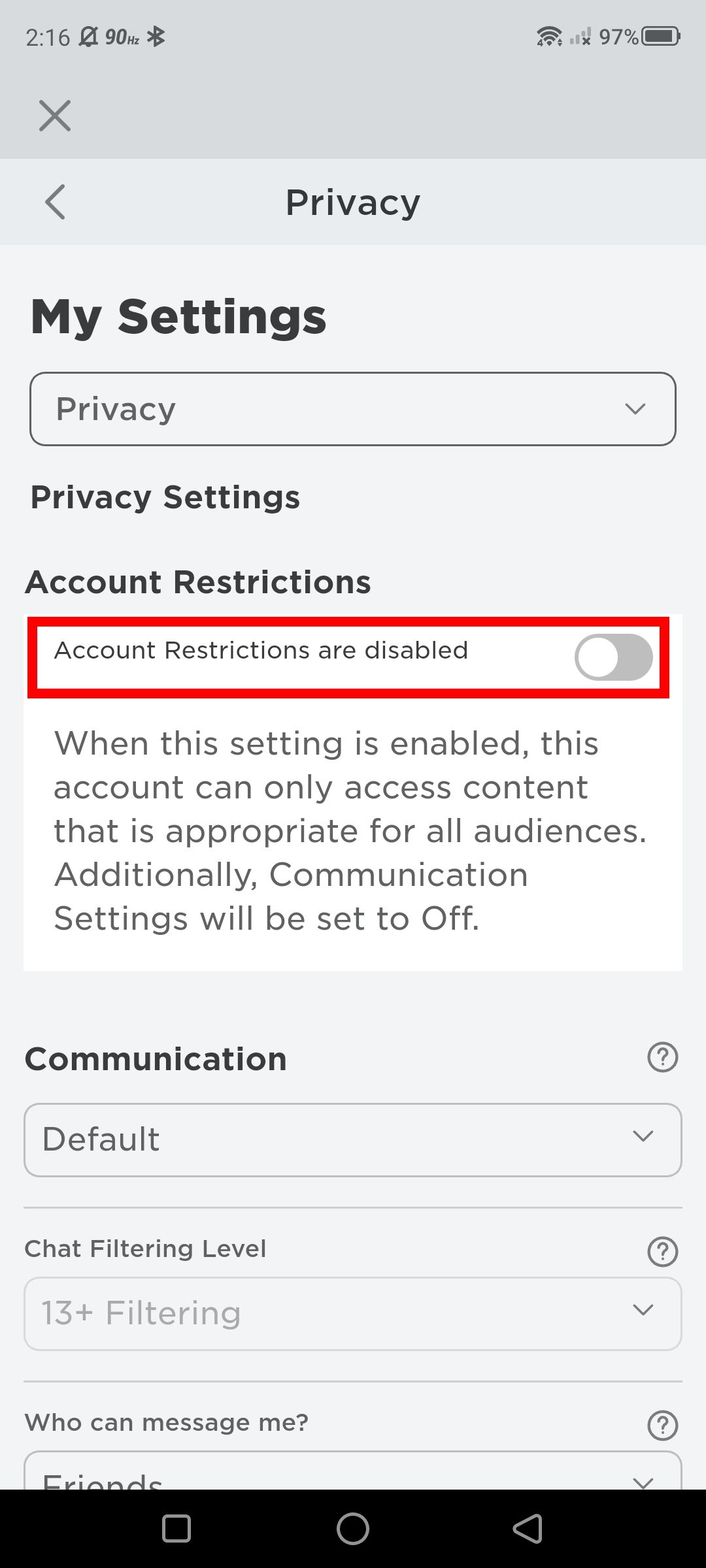 red rectangle outline over account restrictions toggle
