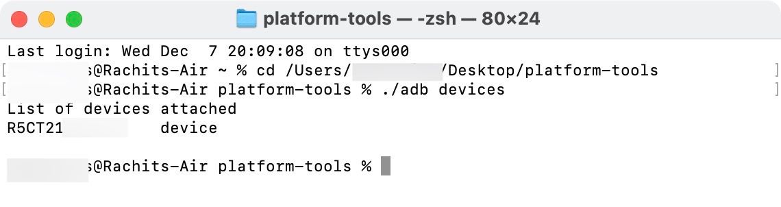 running adb devices command on desktop