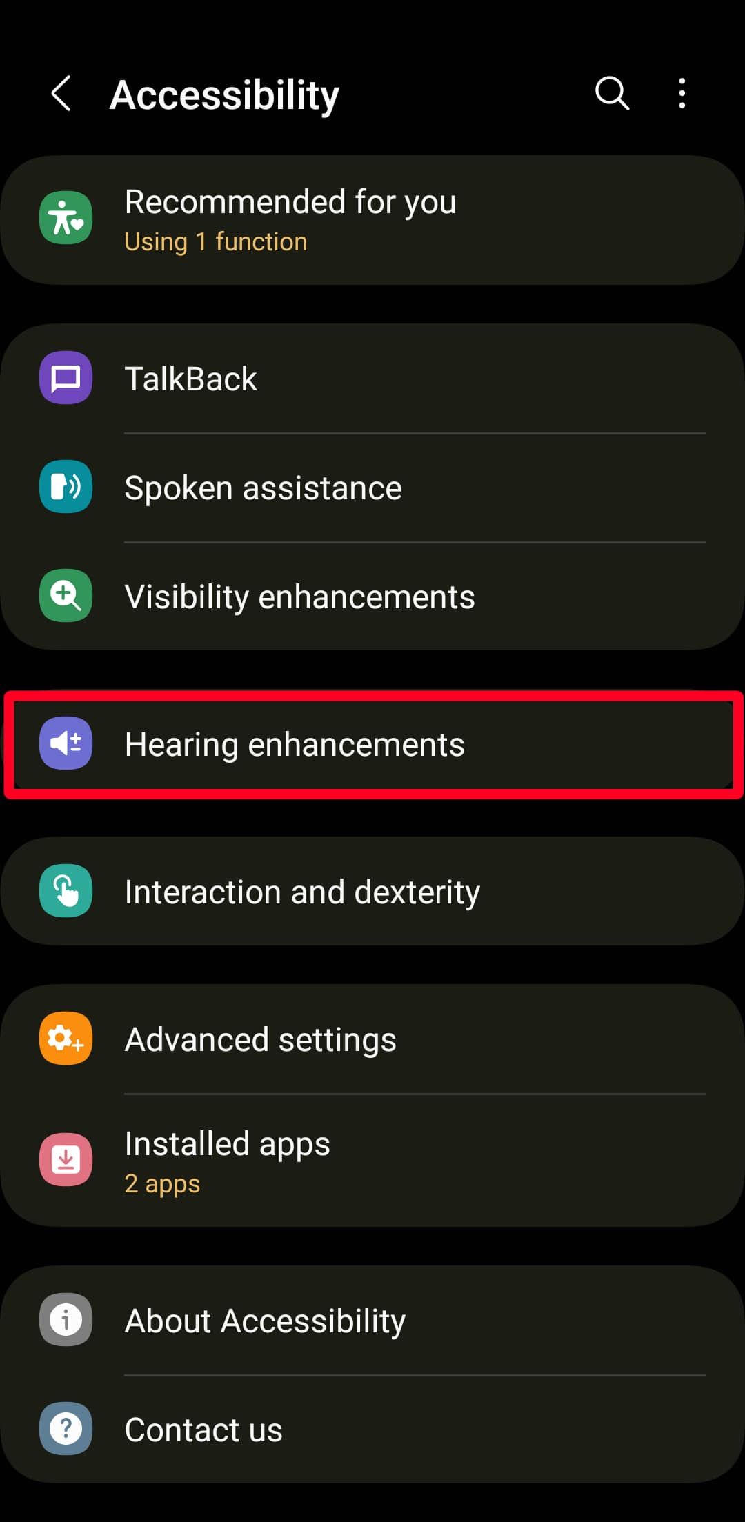 Samsung phone Accessibility menu on Android 13