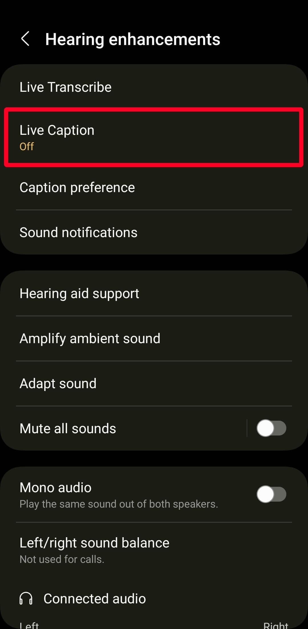 Samsung phone Hearing Enhancements menu on Android 13