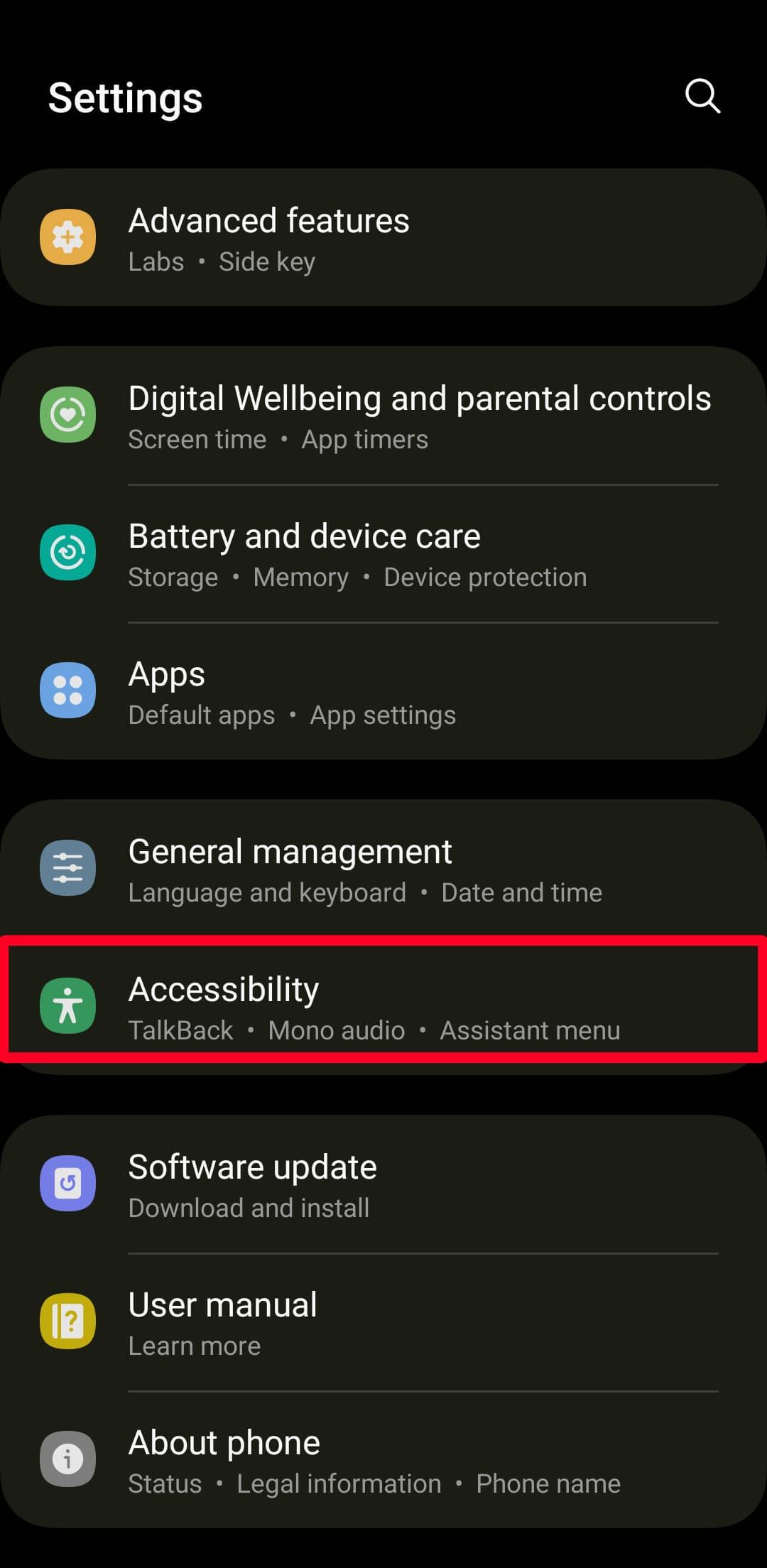 Samsung settings menu on Android 13