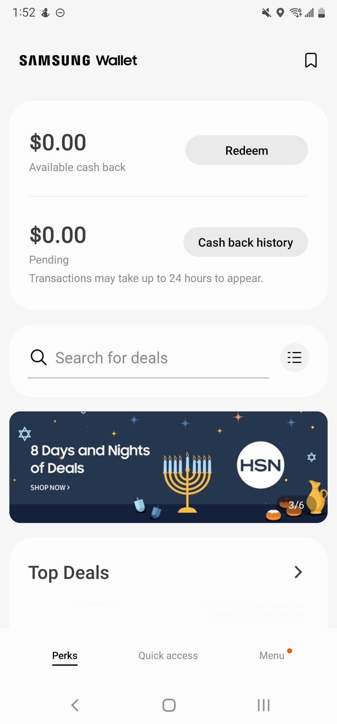 Schermata della home page dell'app Samsung Wallet.