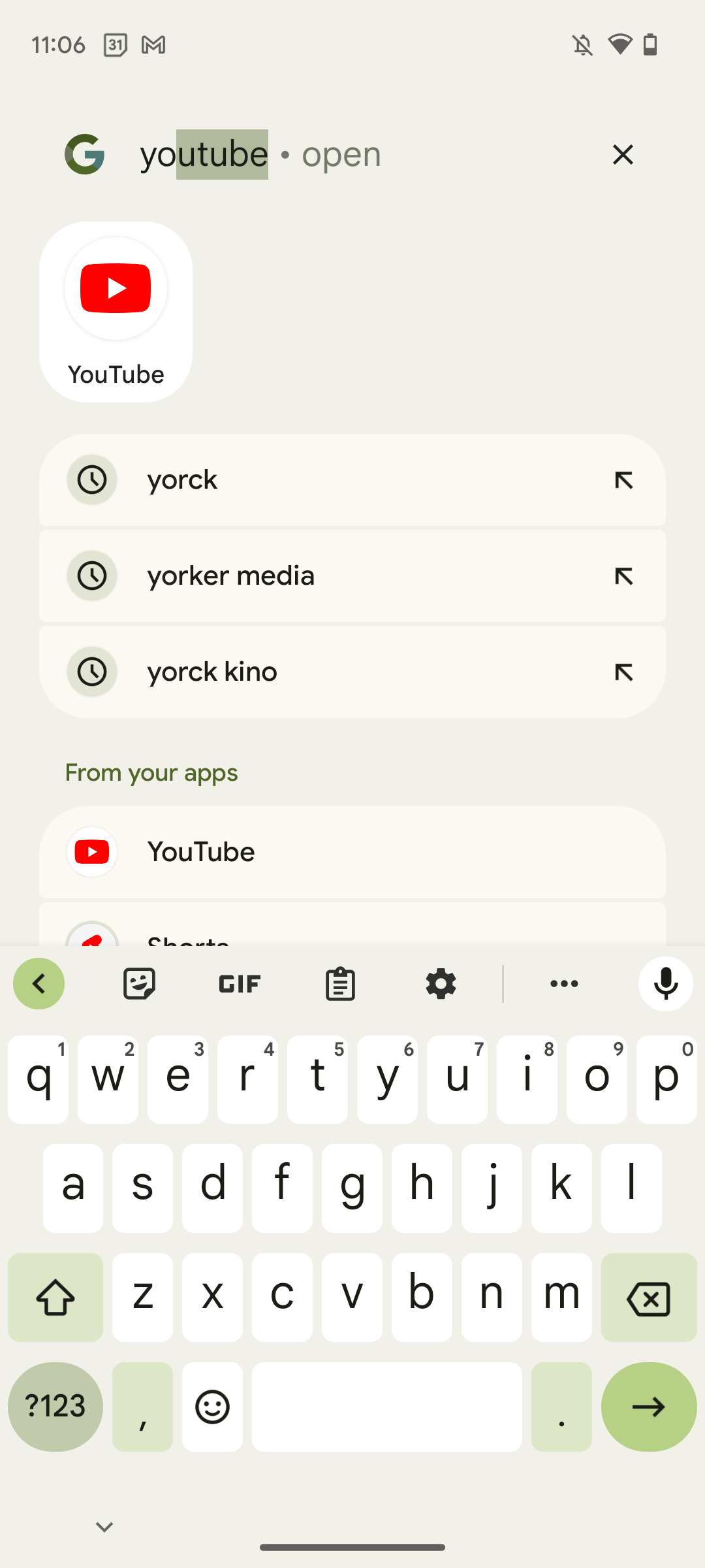 Screenshot of Google Pixel's launcher search showing how the first result (YouTube) is highlighted, which indicates that you can tap enter to start the app.