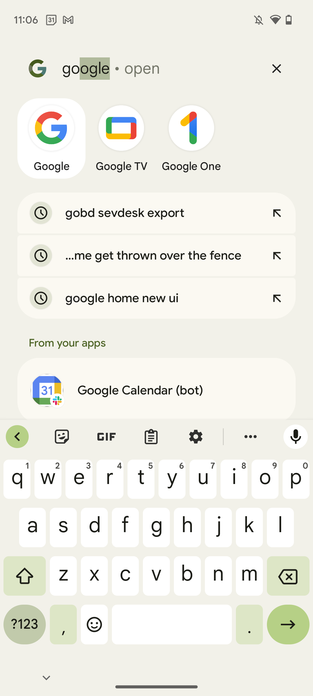 Screenshot of Google Pixel's launcher search showing how the first result (Google) is highlighted, which indicates that you can tap enter to start the app.